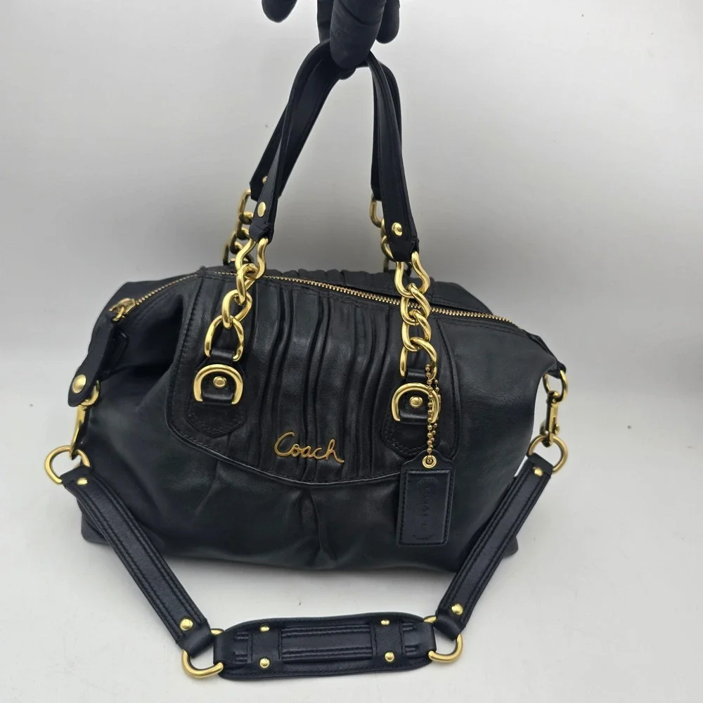 Coach Madison Sophia Black Gathered Leather Satchel Crossbody Bag F17647 Gold
